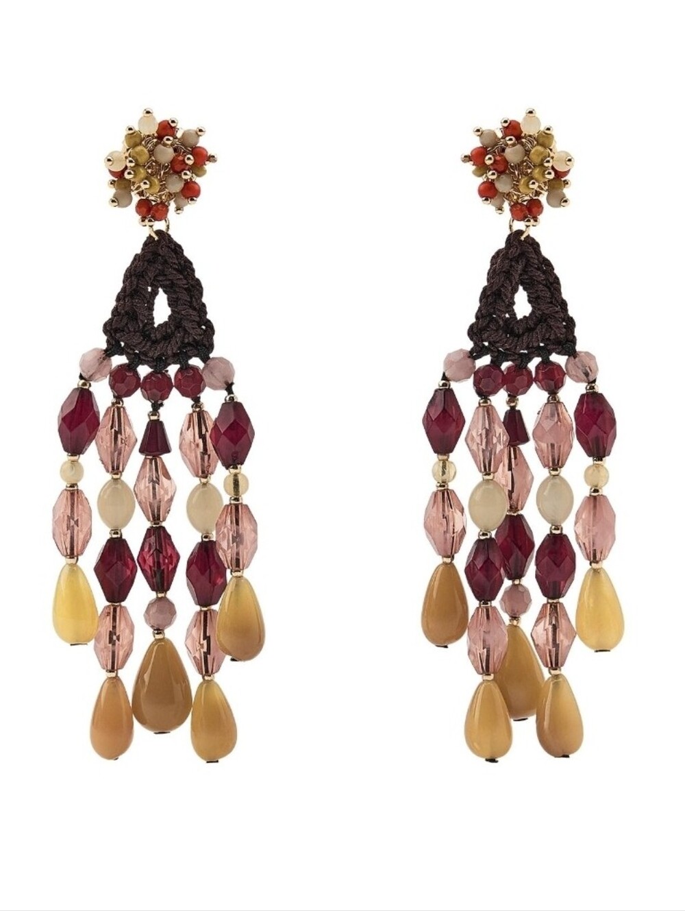 ZARA Multicolor Beaded Crochet Tassel Drop Earrings - Pink, Burgundy & Gold